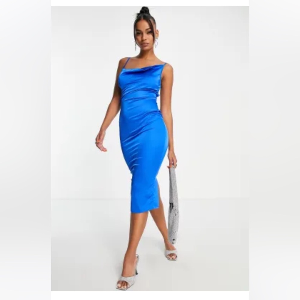 ASOS satin blue cowl neckline midi dress